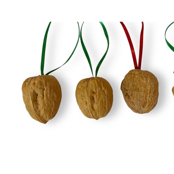 Set Of 5 Walnut Christmas Ornaments With Green & Red Ribbons - Picture 2 of 3
